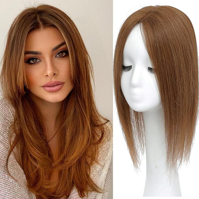 Hair Toppers for Women Real Human Hair, 360° 3D Human Hair Toppers for Women with Thinning Hair Upgrade Middle Part Clip in Bangs (Light Brown NEW, 16 Inch-3D-Side)