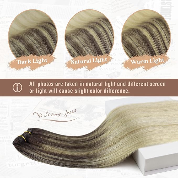 Ve Sunny Clip in Human Hair Extensions Ombre Clip on Hair Extensions Real Human Hair Extensions Clip ins Dark Brown Ombre Dark Golden Blonde Balayage Light Blonde for Women 120g 7pcs 16inch