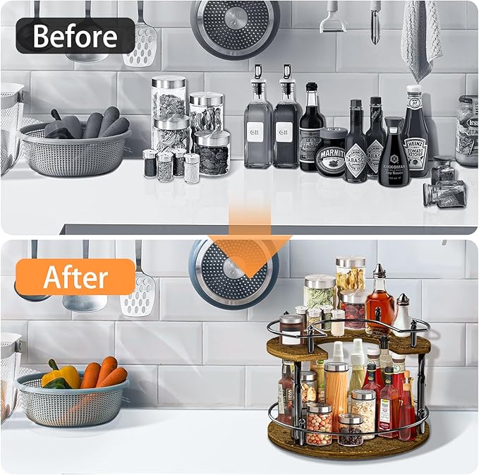 2-Tier Lazy Susan Organizer Turntable Spice Organization U-Shape 11.8" Rotating Spice Rack Height Adjustable for Cabinet, Pantry, Kitchen Countertop, Party
