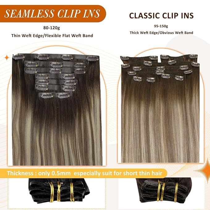 Full Shine Ombre Clip in Hair Extensions Human Hair Light Blonde Mix Light Brown Seamless Human Hair Clip in Extension for Short Hair Thick Ends 12 Inch 8 PCS 95 G
