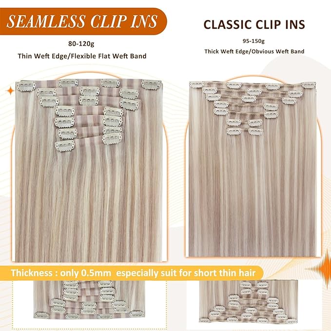 Full Shine Clip in Hair Extensions Ash Blonde Highlight Bleach Blonde Seamless Clip in Human Hair Extensions 16 Inch Human Hair Extensions With Highlights PU Clip in Extension 120 Grams 8 Pcs