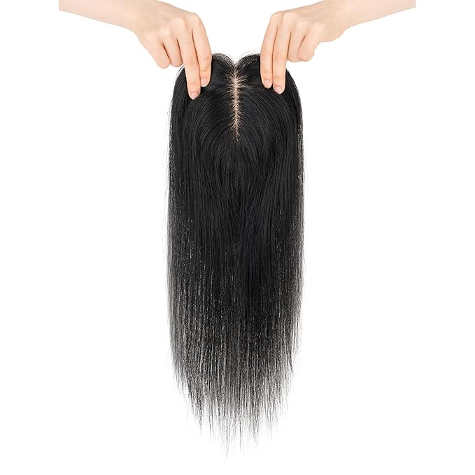 Hairro Human Hair Toppers Free Parted, 3.5x4.7" Base Hand-wovened 100% Real Hairpieces, with Invisible Clips-in for Women, for High Hairline/Adding Volume on Top, 10 Inch Jet Black