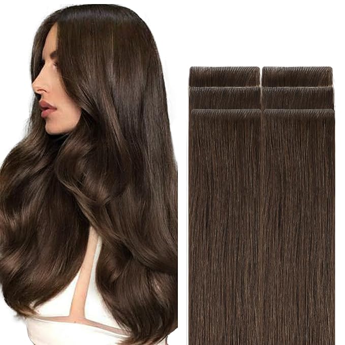 GOO GOO Invisi Edge Tape in Hair Extensions Human Hair, 4A Chocolate Brown, 6pcs 18inch 15g, Virgin Remy Hair, Seamless Injected Tape, Natural Look