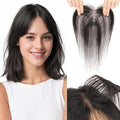 Hairro Human Hair Toppers with Side Bangs, 3D 360° Seamless Real Hair Toppers, Hand-Tied with 3.5"x4.7" T-shaped Base, Clip-In Hairpieces to Add Volume on Top, 11 Inch Natural Black