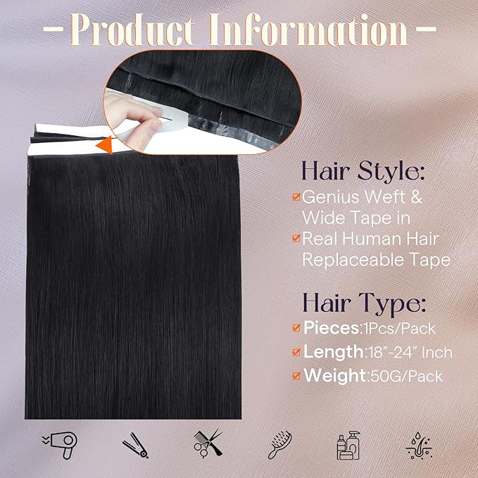 Full Shine Double Weft Tape in Hair Extensions Color 1 Jet Black Silky Straight Tape in Weft Hair Extensions PU Genius Weft Cuticles Aligned Brazilian Hair 20Inch 50G for Casual Outings