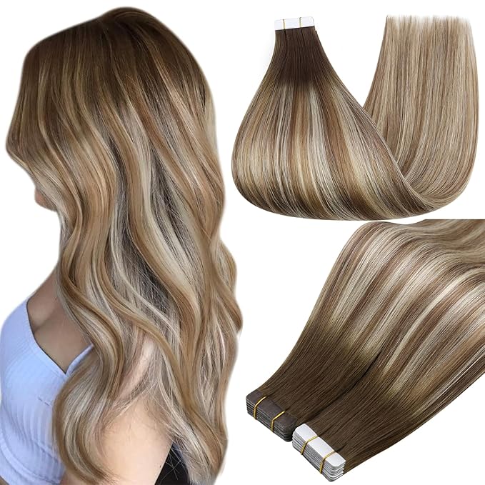 Full Shine Tape in Hair Extensions Human Hair 14Inch Color 3 Darker Brown Ombre 8 Brown Highlights 22 Blonde Remy Tape in Human Hair Extensions Seamless Skin Weft Soft Straight for Women 20Pcs 50Gram