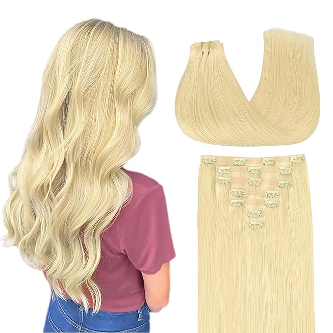 GOO GOO Clip in Hair Extensions Real Human Hair, Remy Human Hair Extensions Clip ins for Women, Natural Human Hair, 14inch 110g 7Pcs, 22F Light Golden Blonde