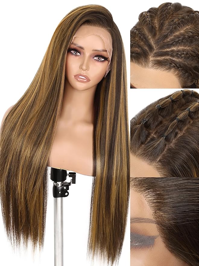 WIGNEE 13x6 Synthetic Lace Front Wig 28" Long Straight Wig Natural Black Kanekalon Futura Synthetic Wigs for Black Women Pre-Plucked Glueless Wig for Daily Party Use