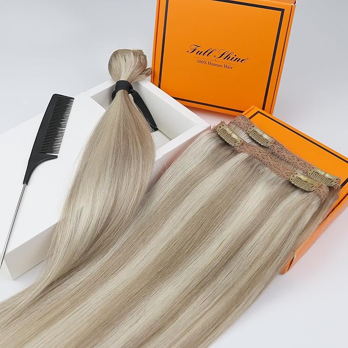 Full Shine Blonde Extensions Clip in 20 Inch Golden Blonde Highlights Medium Blonde Real Human Hair Clip in Straight Hair Clip Ins Lace Weft for Long Hair 3 PCS 60 G