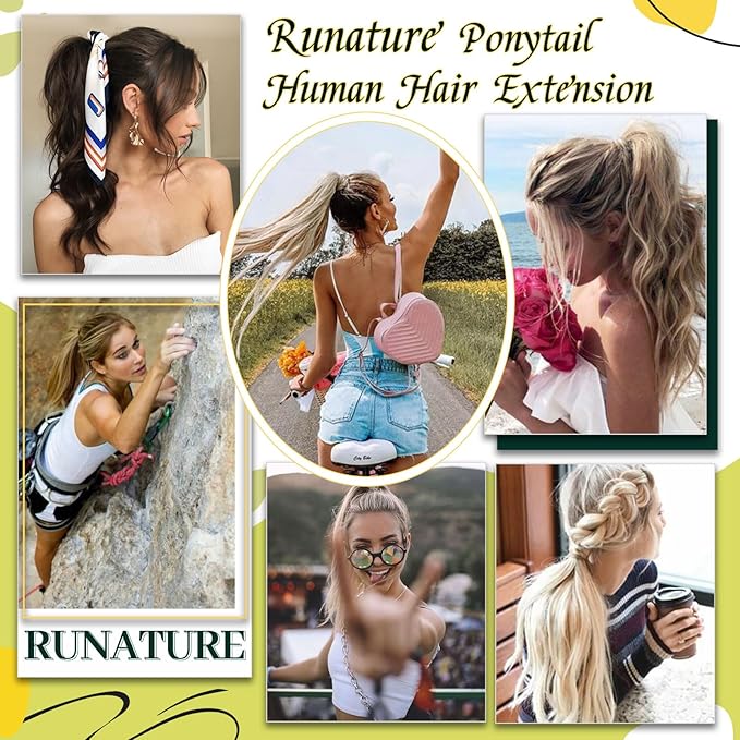 RUNATURE Ponytail Extension Human Hair, Real Hair Ponytail Extensions for Women, Natural Human Hair Ponytail with Magic Paste, 16 Inch 80g #16P22 Beige Blonde Highlights