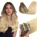 GOO GOO Tape in Hair Extensions Human Hair, 4/18 Balayage Chocolate Brown Highlighted Dirty Blonde, 18inch 50g 20pcs, Skin Weft Seamless Invisible, Silky Straight with Thick Ends, Remy Human Hair