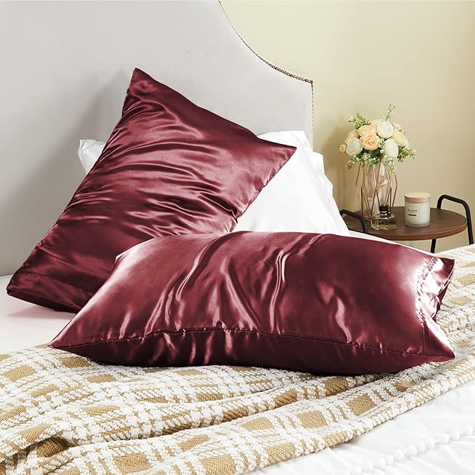 BEDELITE Satin Pillowcase for Hair and Skin, Super Soft and Cooling Similar to Silk Pillow Cases 2 Pack with Envelope Closure, Gift for Women Men(20"x36" King Size, Burgundy)