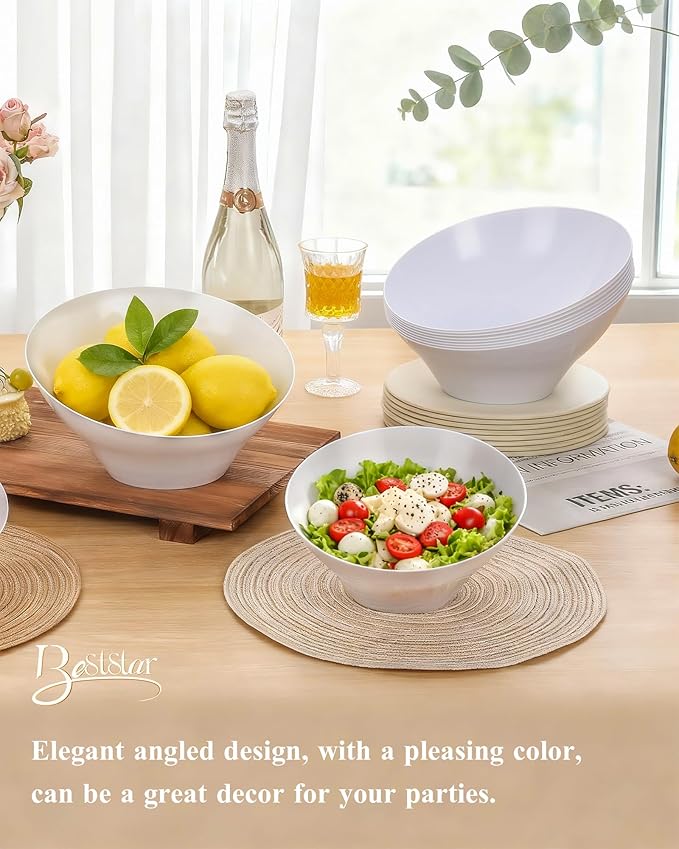 BESTSTAR 20OZ Plastic White Serving Bowls 8 Pack Angled Disposable Party Bowls for Chips, Salad, Fruit & Candy – Heavy Duty Clear Serving Bowls for Parties, Buffet, Catering, Christmas