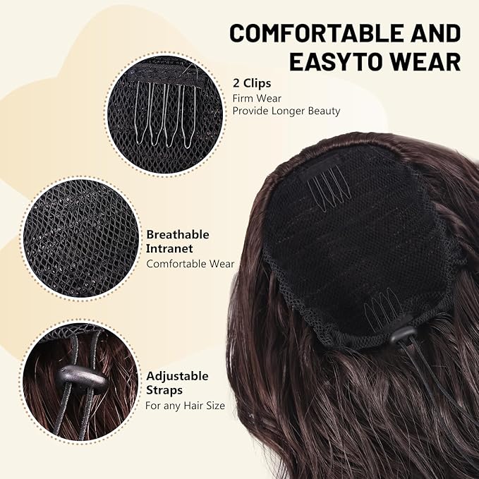 LEEONS 26 inch Drawstring ponytail Extension, Long Wavy pony tails hair extensions for Women - Synthetic Hairpiece Ponytail for Daily Use (Omber Black to Wine Red)