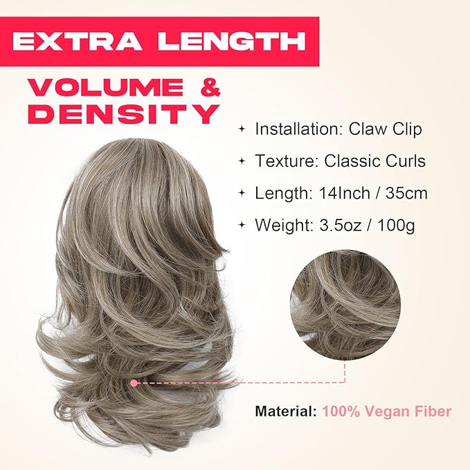 Ponytail Extension - 14" Claw Clip in Ponytail Hair Extensions Natural Soft Synthetic Layered Wavy Pony Tail Hair Pieces for Women - Ash Brown