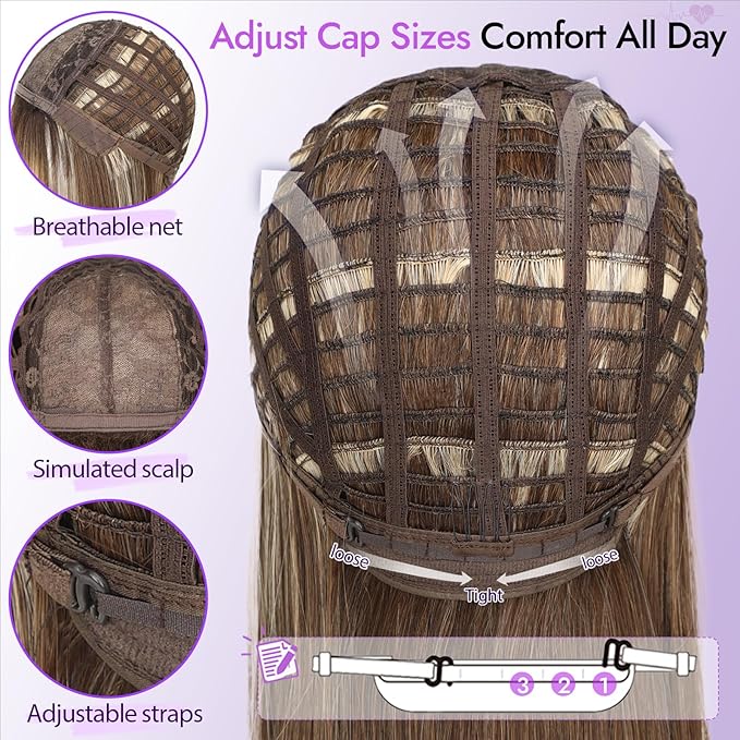 Wig with Bangs for Women Ginger Straight Face-Framing Layers Hairstyle 4x4 Realistic Scalp Glueless Synthetic Wigs Medium Length for Everyday Use