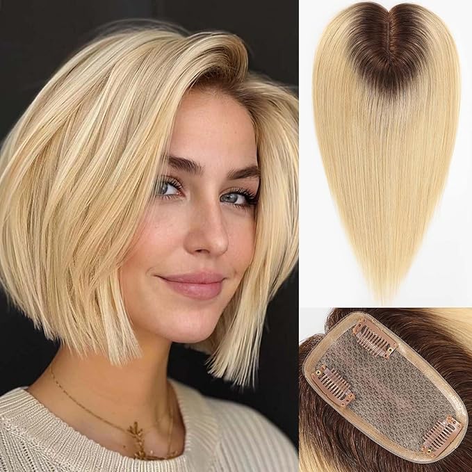 starluck Hair Toppers for Women Real HumanHair,5"*3"MONO Base Hand-moven Topper,100% Real HumanHair Toppers for Women with Thinning,Gray Roots,High Volume,Ombre Light Blonde