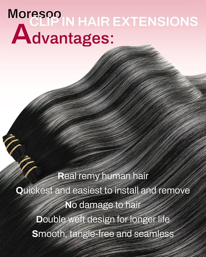 Moresoo Silver Clip in Hair Extensions Balayage Black and Silver Hair Extensions Clip ins Human Hair Ombre Remy Straight Human Hair Clip in Extensions 5Pcs 80G 12inch