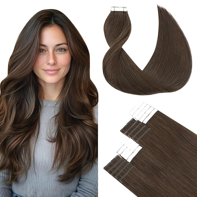 SURNEL Tape in Hair Extensions Human Hair 14 inch 20pcs 50g Straight Tape inHair Extensions Color 4 Medium Brown Hair Extensions(#4-14)