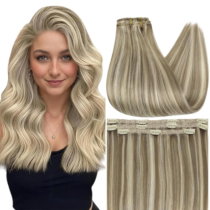 Full Shine Invisible Clip in Hair Extensions Human Hair 18 Inch Brown Highlight Blonde Clip in Extensions for Women Straight Remy Hair Extension 3 PCS 60 G