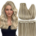 Full Shine Real Hair Extensions Clip in Human Hair Double Weft Blonde Human Hair Extensions Brown with Blonde Highlights Clip in Human Hair Remy Straight Hair 14 Inch 3 PCS 60 Grams