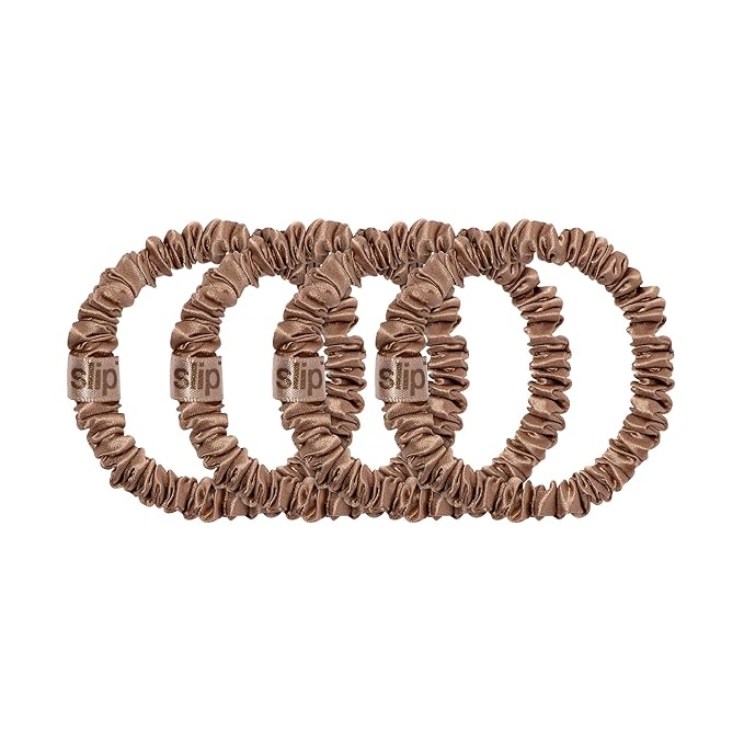 slip Silk Skinny Scrunchies - Light Brown | Set of 4 Skinny Scrunchies | 100% Mulberry Silk, Anti-Crease, Gentle on Hair, Reduces Breakage | Stylish & Durable, Ideal for All Hair Types