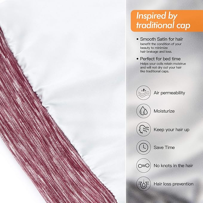 Silk Satin Lined Bonnet Sleep Cap - Adjustable Stay on All Night Hair Wrap Cover Slouchy Beanie for Curly Hair Protection for Women and Men - Heather Burgundy