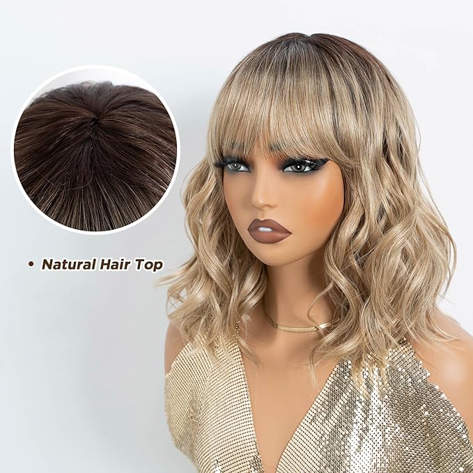 NOBLE Bob Wig with Bangs Short Wavy Wig for Women Ombre Mix Blonde Shoulder Length Wig Heat Resistant Synthetic Wigs for Daily Party Use 12 Inches