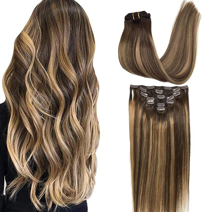GOO GOO Clip in Hair Extensions Real Human Hair, Remy Human Hair Extensions Clip ins for Women, Natural Human Hair, 14inch 120g 7Pcs, 4/27/4 Balayage Chocolate Brown to Caramel Blonde
