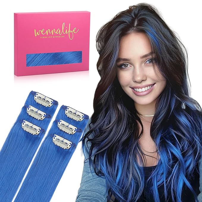 WENNALIFE Blue Clip in Hair Extensions Real Human Hair 35g 6pcs 18 Inch Colored Hair Extensions for Kids Women Colorful Hair Pieces Pop-up Style Straight Extensiones De Cabello Humano Con Clip