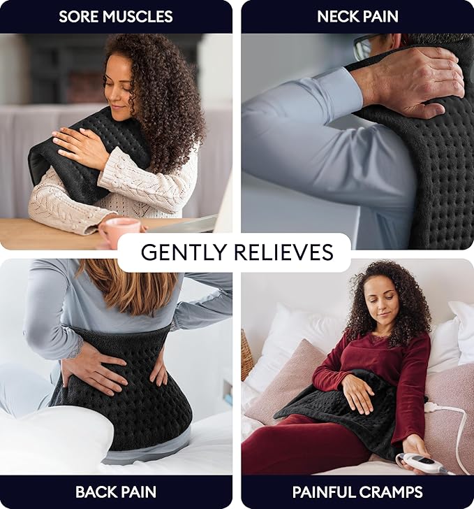 GENIANI XL Electric Heating Pad for Back Pain & Cramps Relief, Electric Throw, Birthday Christmas Gifts for Women, Men Auto Shut Off, Machine Washable, Heat Pad for Neck & Shoulder (12'‘×24" Black)