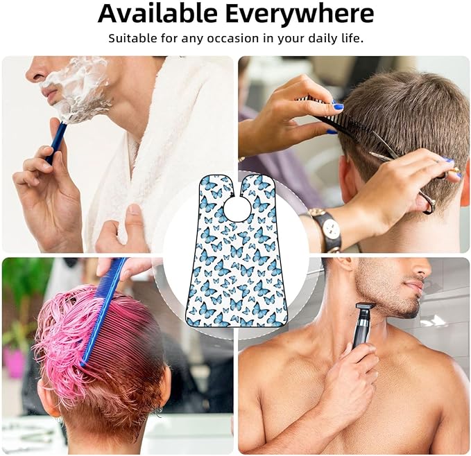 Professional Beard Bib, Non-Stick Hair Catcher Apron Waterproof, Shaving Grooming Essential for Men Dad, Watercolor Butterflies Blue Butterfly Shave Bib
