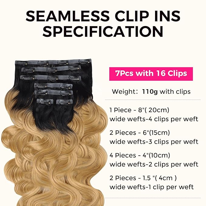 Lashey Seamless Hair Extensions Real Human Hair 110g 7pcs Body Wave 18 Inch Clip in Hair Extensions Human Hair Ombre Natural Black to Honey Blonde Hair Extension with PU Weft Invisi Edge