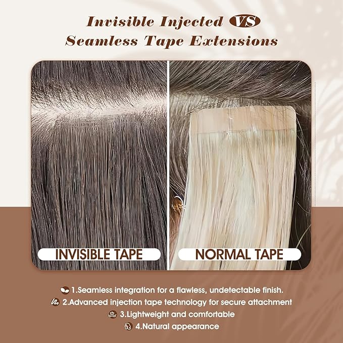 Full Shine Intact Machine Remy Tape in Virgin Hair Extensions Color Blonde Invisible Seamless Injection Tape in Hair Extensions 16 Inch for Women 10Pcs 20G