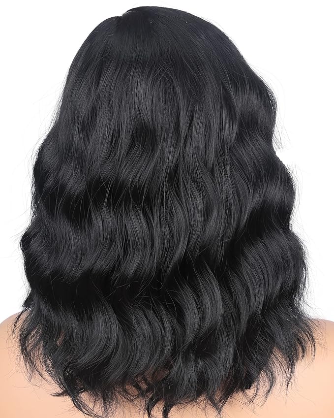 Short Wavy Wigs With Bangs 14 Inch Black Wigs For Black Women Natural Looking Soft Light Synthetic Hair Replacement Wigs Heat Resistant (14 inch,black)