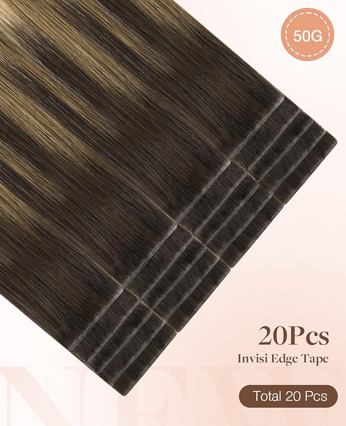 GOO GOO Invisi Edge Tape in Hair Extensions Human Hair, 2/6/18 Balayage Brown to Dirty Blonde, 20pcs 18inch 50g, Virgin Remy Hair, Seamless Injected Tape, Natural Look