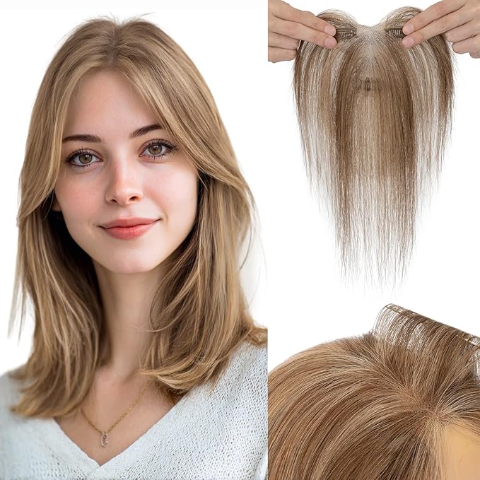 Hairro Human Hair Toppers with Side Bangs, 3D 360° Seamless Real Hair Toppers, Hand-Tied with 3.5"x4.7" T-shaped Base, Clip-In Hairpieces to Add Volume on Top, 11 Inch Medium Brown Mix Dark Blonde