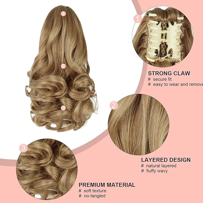 Ponytail Extension, Clip on Ponytails for Women, 12" Claw Clip in Short Curly Wavy Pony Hair Extension for Women - Blonde