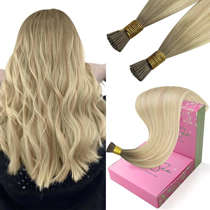 YoungSee Itip Human Hair Extensions Ombre I Tips Hair Extensions Human Hair Balayage Blonde with Platinum Blonde I Tip Extension 22In 50g 50s Invisible Hair Extension for Wedding