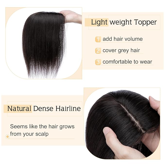 SEGO Human Hair Toppers for Women With Thinning Hair, 7 * 13CM Silk Base 100% Real Human Hair Clip in Top Wiglet Hairpieces /8 Inch No Bangs Natural Black