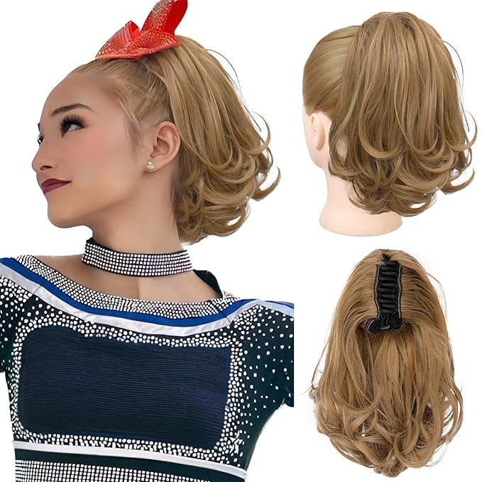 KooKaStyle Ponytail Extension, 10" Short Claw Clip in Pony Tails Hair Extensions Curly Wavy Synthetic Drawstring Hairpieces for Women(Light Blonde Brown)