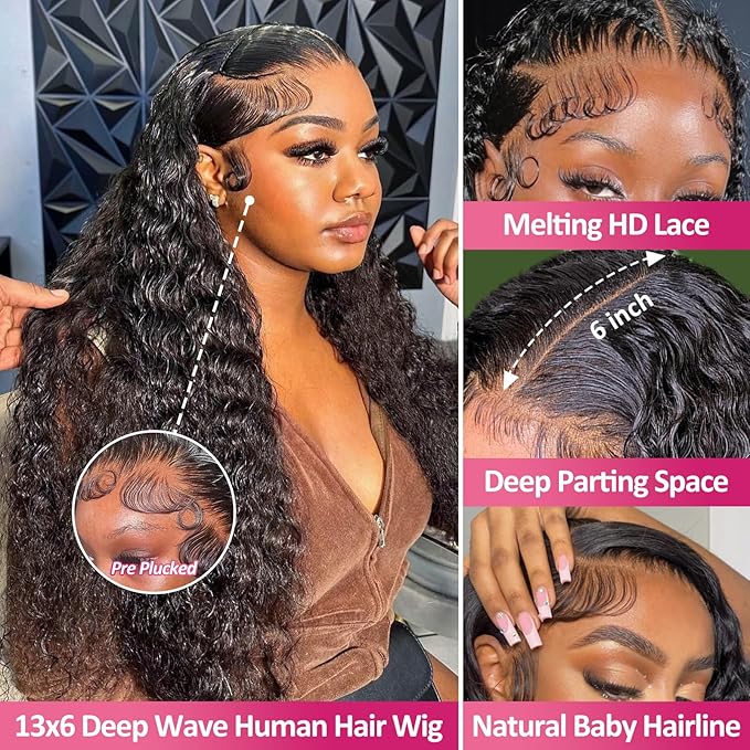 13x6 Lace Front Wigs Human Hair 200 Density Deep Wave HD Lace Front Wigs Human Hair Curly Glueless Wigs Human Hair Pre Plucked 13x6 HD Frontal Lace Front Wigs for Women (24 Inch)
