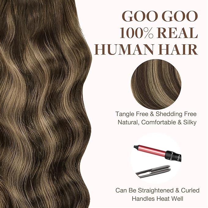 GOO GOO Tape in Hair Extensions Human Hair, 4/27/4 Balayage Chocolate Brown to Caramel Blonde, 18inch 25g 10pcs, Skin Weft Seamless Invisible, Silky Straight with Thick Ends, Remy Human Hair