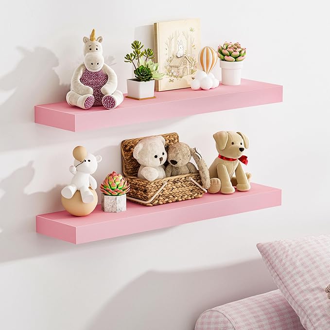 BAMEOS Pink Floating Shelves for Wall, 24" x 6" Wall Shelves for Room, Floating Book Shelves, Hanging Shelves for Bedroom, Bedroom, Living Room, Kitchen (Set of 2)