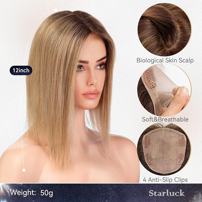 starluck Hair Toppers for Women Real Human Hair, 5"*5.5"Large Coverage Ombre Ash Blonde HairTopper No Bangs,100% Real Human Hair Toppers for Women with ThinningHair,Cover Gray Hair Roots