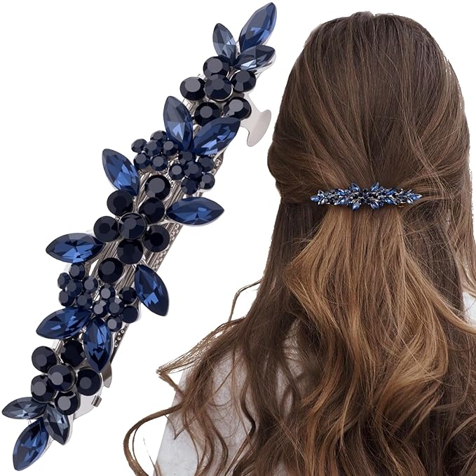 Joez Wonderful Rhinestone Hair Clip Sparkly Crystal Barrettes French Wedding Prom Engagement Pageant First Communion Hair Decorative Accessories for Women Bride Thick Long Hair (Blue, 1 Pcs)