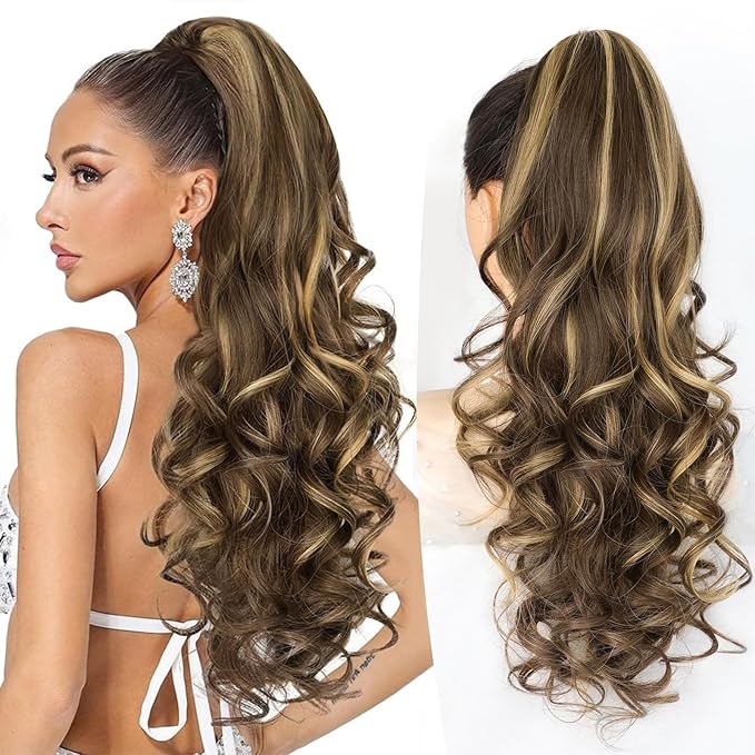 ALXNAN Ponytail Extension,24 Inch Claw Clip in Long Curly Wavy Chocolate Brown with Highlights Ponytail Hair Extension Jaw Clip on Pony Tails Hairpiece for Women