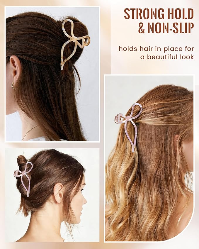 ACECHA 2 Pack Gold Metal Bow Hair Claw Clips for Women, 4.5" Colorful Non-slip Hairclips for Thick Thin Hair Claws Strong Hold Styling (Pure Color 00)