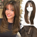 Wig with Bangs for Women Brown Straight Face-Framing Layers Hairstyle 4x4 Realistic Scalp Glueless Synthetic Wigs Medium Length for Everyday Use