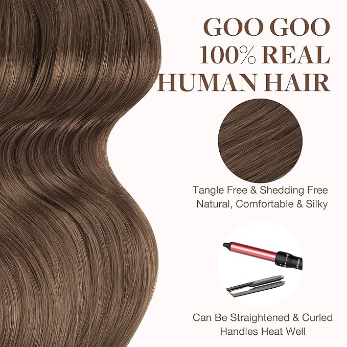 GOO GOO Tape in Hair Extensions Human Hair, 5 Light Ash Brown, 24inch 30g 10pcs, Skin Weft Seamless Invisible, Silky Straight with Thick Ends, Remy Human Hair